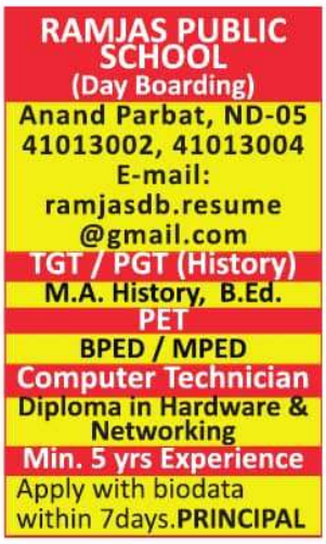 Ramjas Public School Anand Parbat Teacher Recruitment 2025