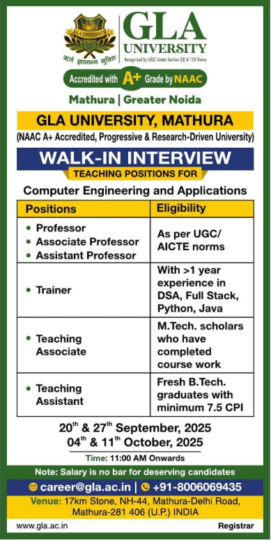 Walk-in Interviews at GLA University