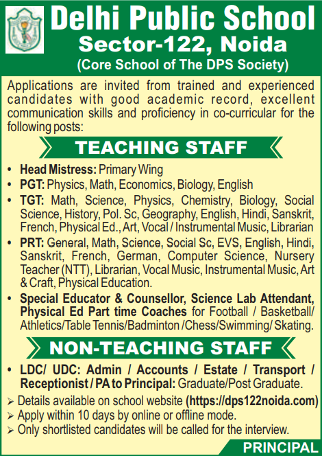 Delhi Public School Sector-122 Noida Recruitment