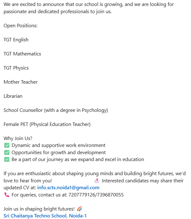 Sri Chaitanya Techno School Noida Hiring Teachers