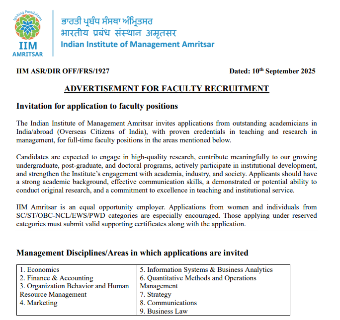 Indian Institute of Management Amritsar Faculty Recruitment 2025