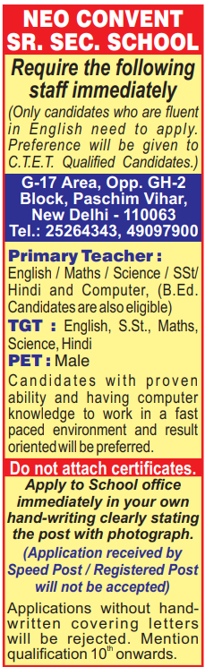 Neo Convent Sr. Sec. School PRT and TGT Recruitment 2025