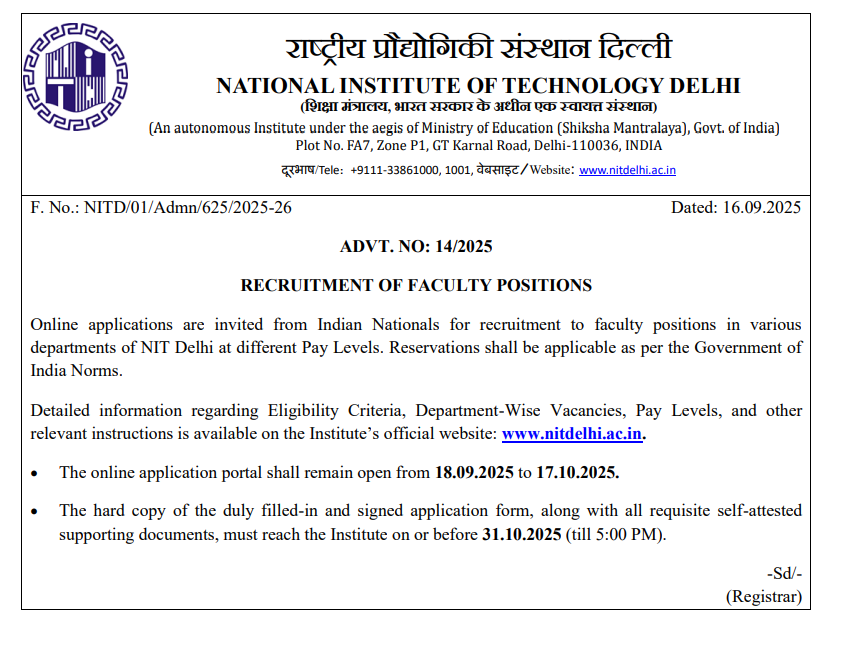 NIT Delhi Faculty Recruitment 2025
