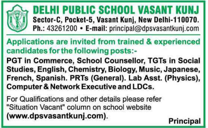 Delhi Public School Vasant Kunj Faculty and Staff Recruitment 2025