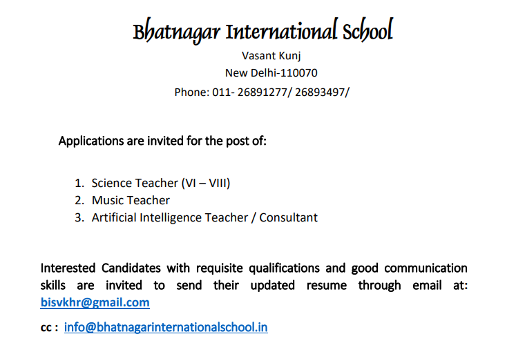 Bhatnagar International School Teacher Recruitment 2025