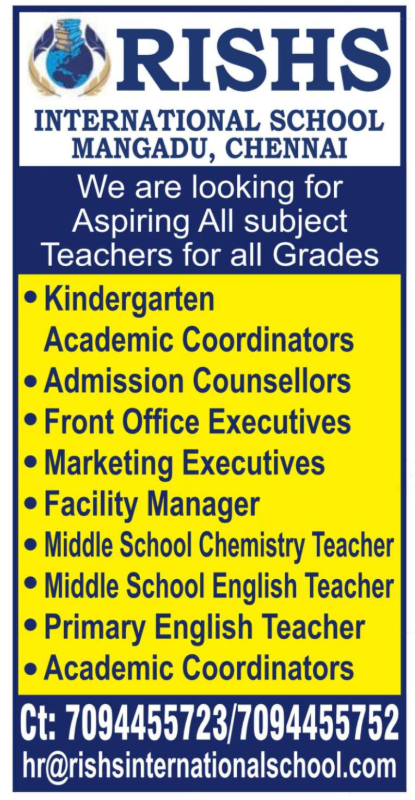 Rishs International School Chennai Faculty and Staff Recruitment 2025