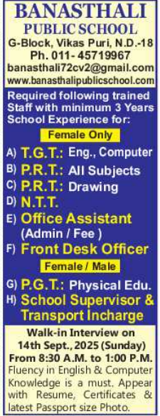 Walk-in Interview for Teacher Positions at Banasthali Public School