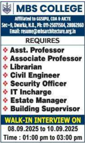Assistant Professor and Others Positions Open at MBS College