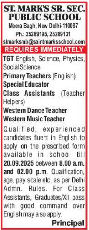 Teacher and Support Positions at St Mark Sr Sec Public School
