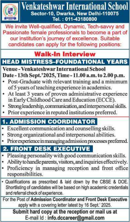 Venkateshwar International School Recruitment 2025