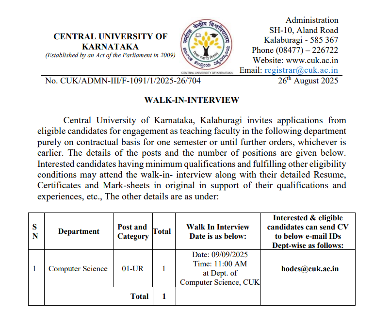 Central University of Karnataka Teaching Faculty in Computer Science