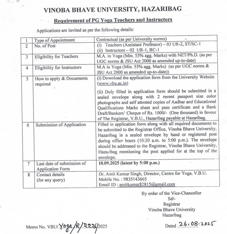 Yoga Assistant Professor and Instruction Recruitment at Vinoba Bhave University