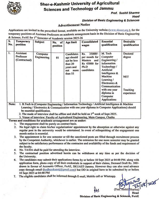Sher-e-Kashmir University of Agricultural Sciences and Technology of Jammu Assistant Professor Recruitment 