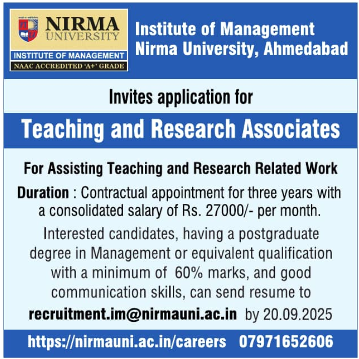 Teaching and Research Associates Jobs at Nirma University
