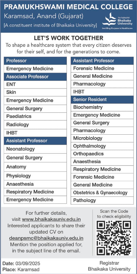 Faculty Openings at Pramukhswami Medical College