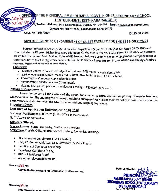 PM Sri Bapuji Govt HSS Odisha Guest Faculty Recruitment 2025
