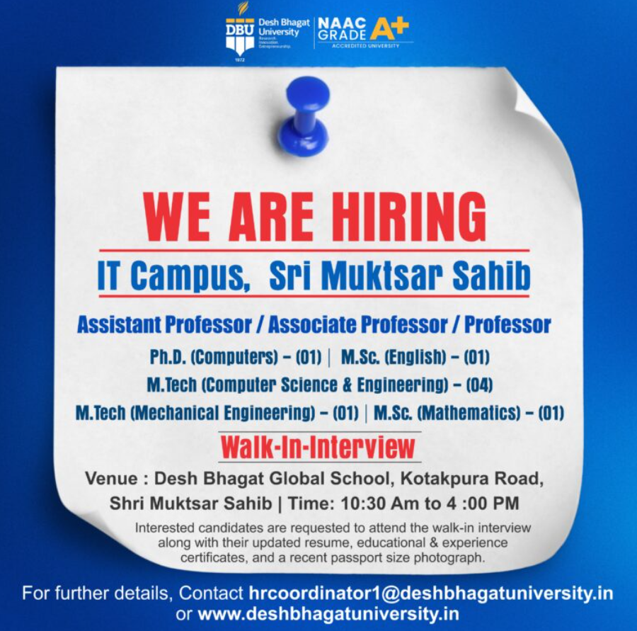 Desh Bhagat Global School Hiring Faculty in Punjab