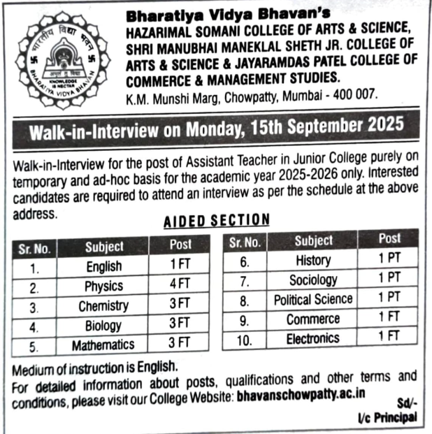 Bharatiya Vidya Bhavan Mumbai Hiring Junior College Faculty