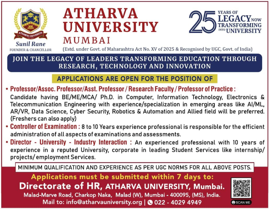 Atharva University Mumbai Faculty and Staff Recruitment