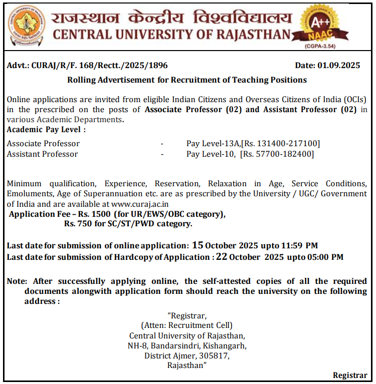 Central University of Rajasthan Assistant and Associate Professor Recruitment