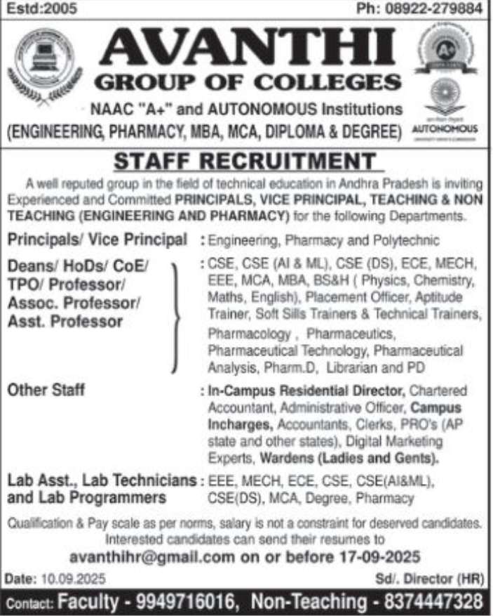 Faculty and Non-Faculty Jobs at Avanthi Group of Colleges