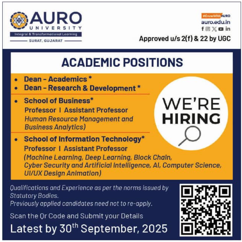 Teaching Faculty Openings at AURO University
