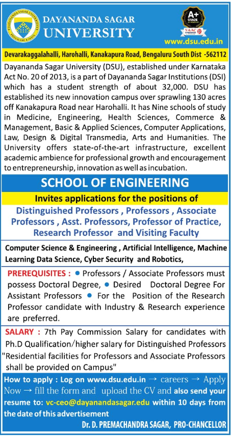 Dayananda Sagar University Faculty Recruitment for Professors
