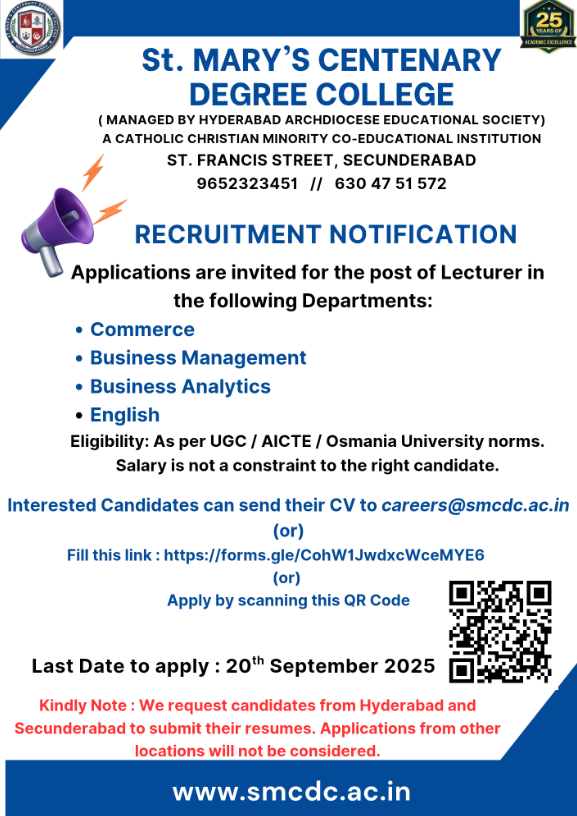 St. Marys Centenary Degree College Faculty Jobs