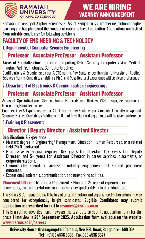 Ramaiah University of Applied Sciences Recruitment 2025