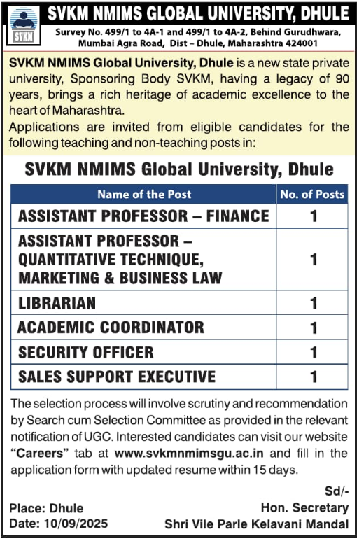 SVKM NMIMS Global University Dhule Recruitment 2025