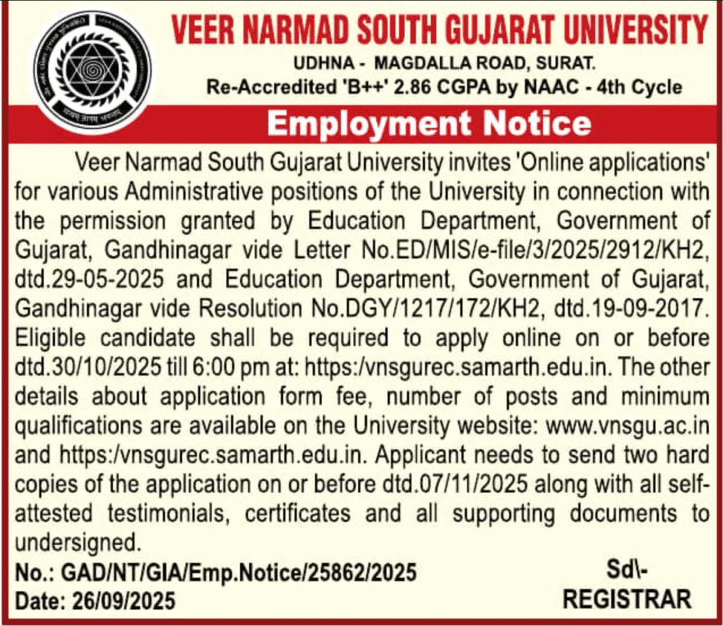 Veer Narmad South Gujarat University Surat Recruitment 2025