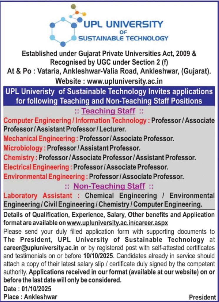 Faculty Recruitment 2025 UPL University of Sustainable Technology