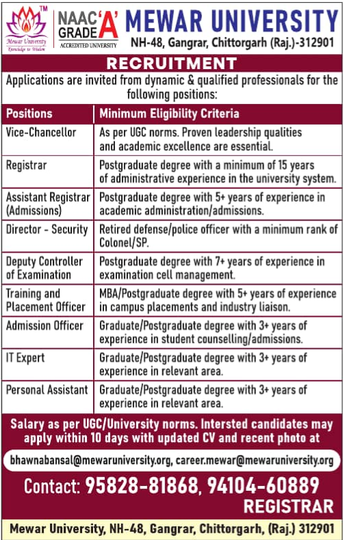 Administrative Positions at Mewar University