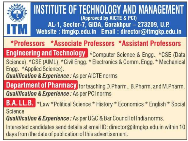 ITM Gorakhpur Recruitment 2025 