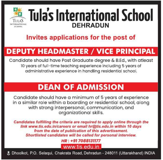 Tulas International School Dehradun Recruitment 2025