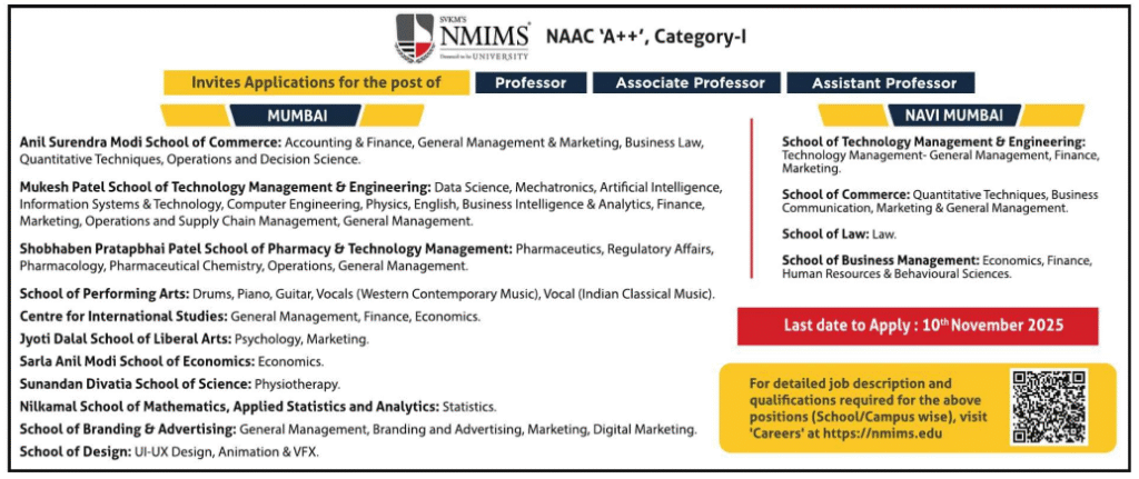 NMIMS Mumbai and Navi Mumbai Faculty Recruitment 2025