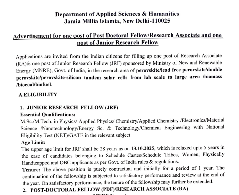Jamia Millia Islamia New Delhi Research Jobs 2025