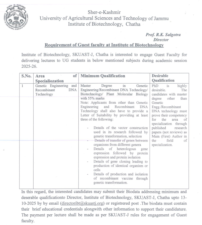 Guest Faculty in Biotechnology at Sher-e-Kashmir University of Jammu