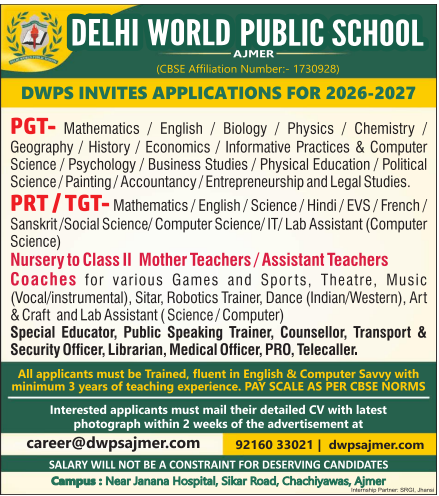 Delhi World Public School Ajmer Recruitment