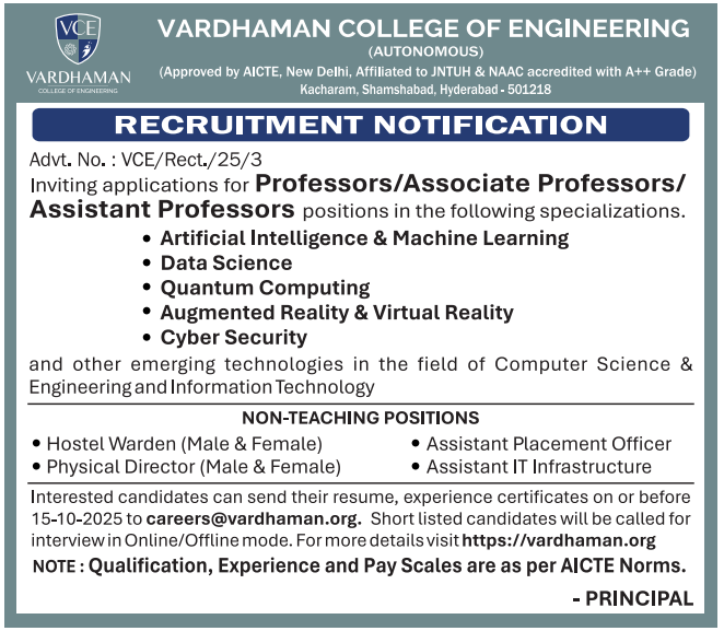 Vardhaman College of Engineering Assistant Professor Recruitment 2025