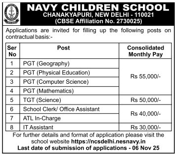 PGT and TGT Teacher Vacancy at Navy Children School