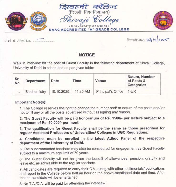 Shivaji College New Delhi Guest Faculty Recruitment in Biochemistry