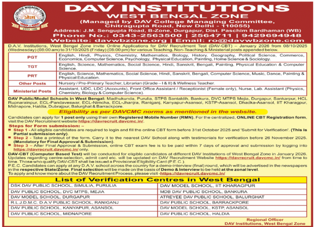 DAV Institutions West Bengal Zone Teaching and Non-Teaching Recruitment