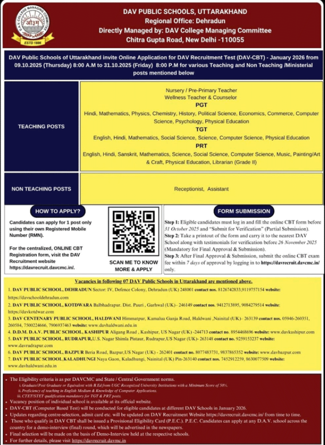 DAV Public Schools Uttarakhand Recruitment 2026