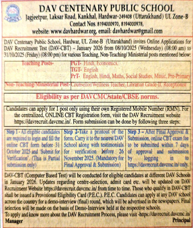 DAV Centenary Public School Haridwar Recruitment 2026