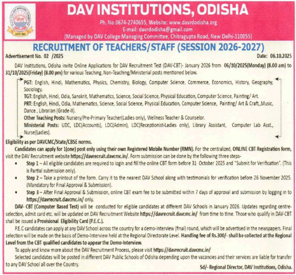 DAV Institutions Odisha Recruitment of Teachers and Staff