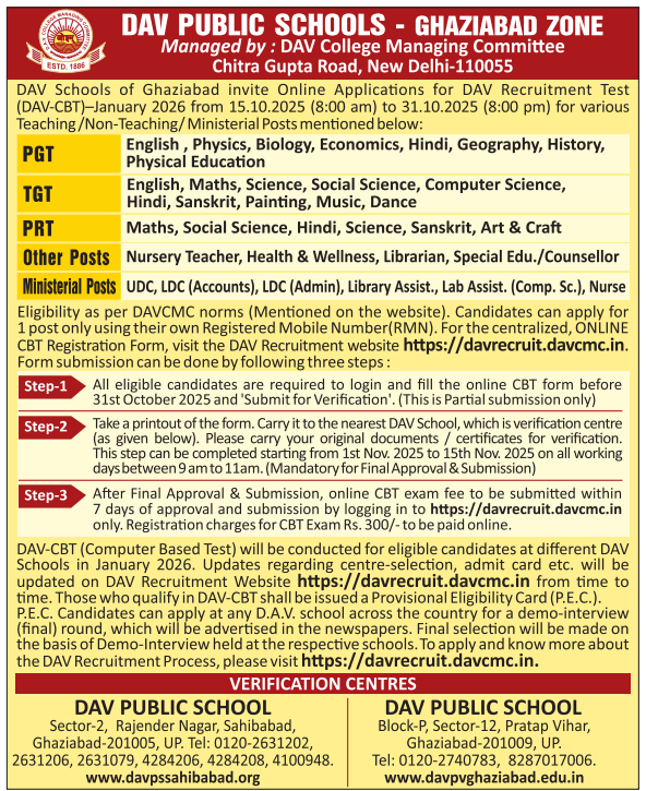 DAV Public Schools Ghaziabad Zone Recruitment 2026