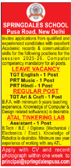 Springdales School New Delhi Recruitment 2025