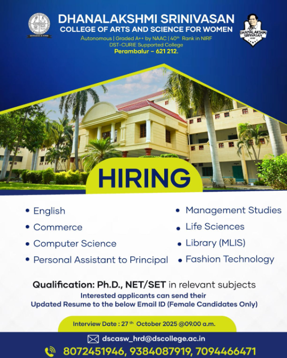 Dhanalakshmi Srinivasan College of Arts and Science for Women Faculty Recruitment