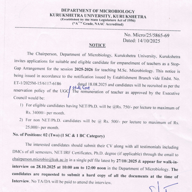 Kurukshetra University Faculty Recruitment in Microbiology
